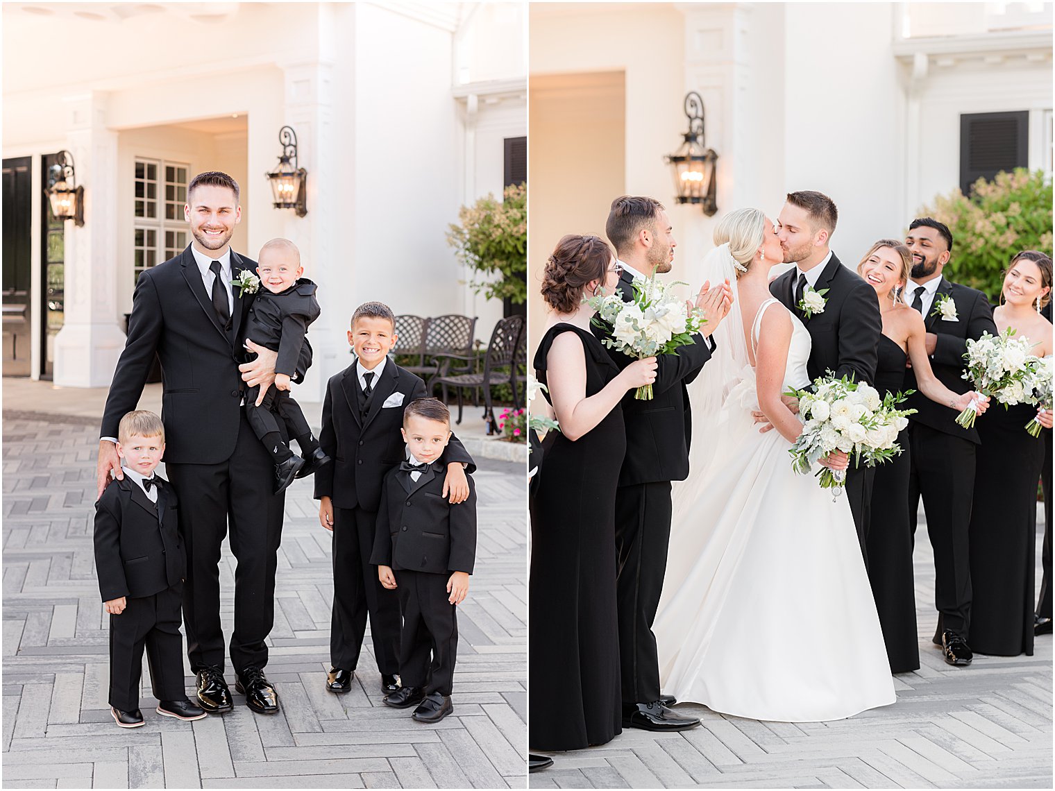 bride and groom kiss with wedding party around them