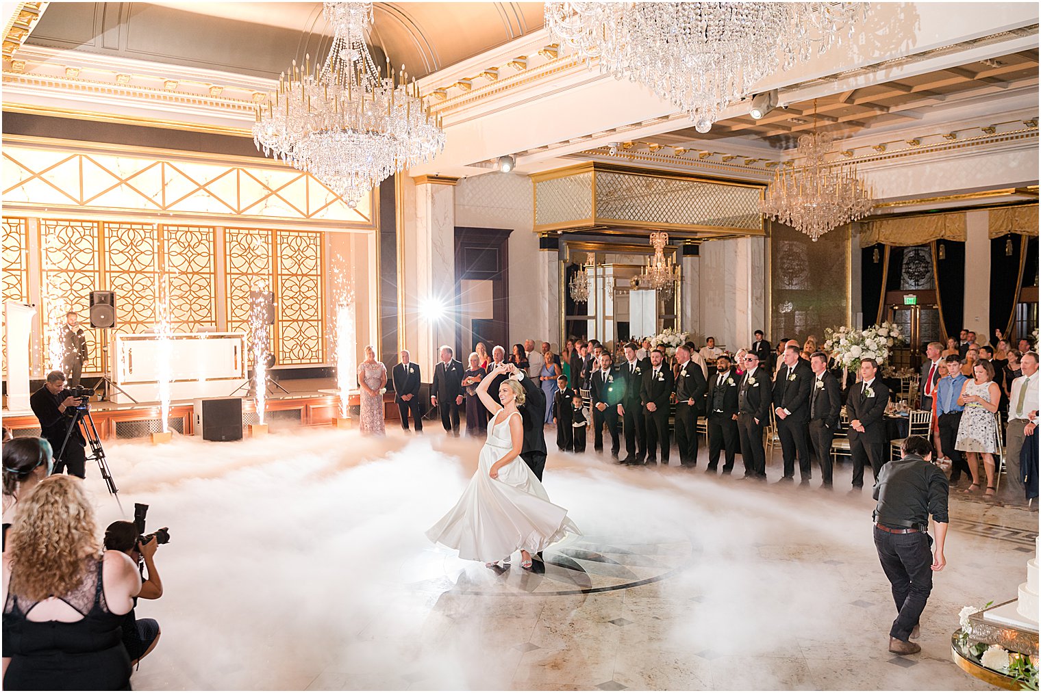 bride and groom have first dance with fog at Shadowbrook NJ wedding reception