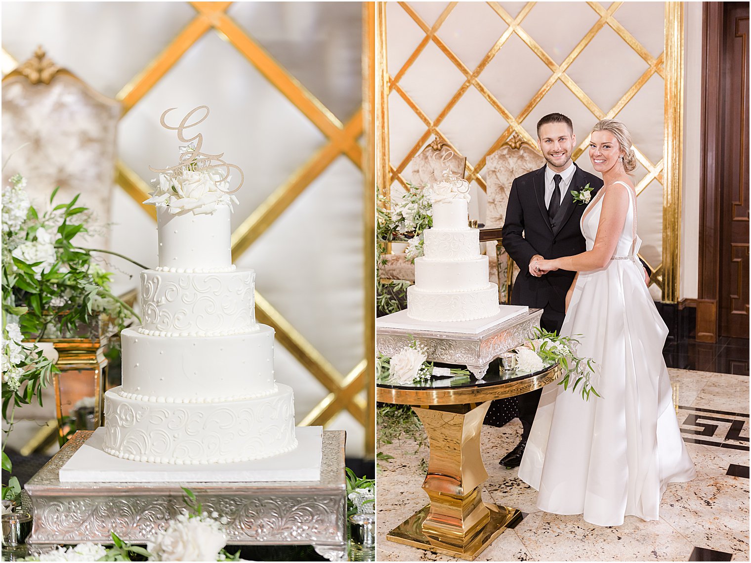 bride and groom cut wedding cake during NJ wedding reception 