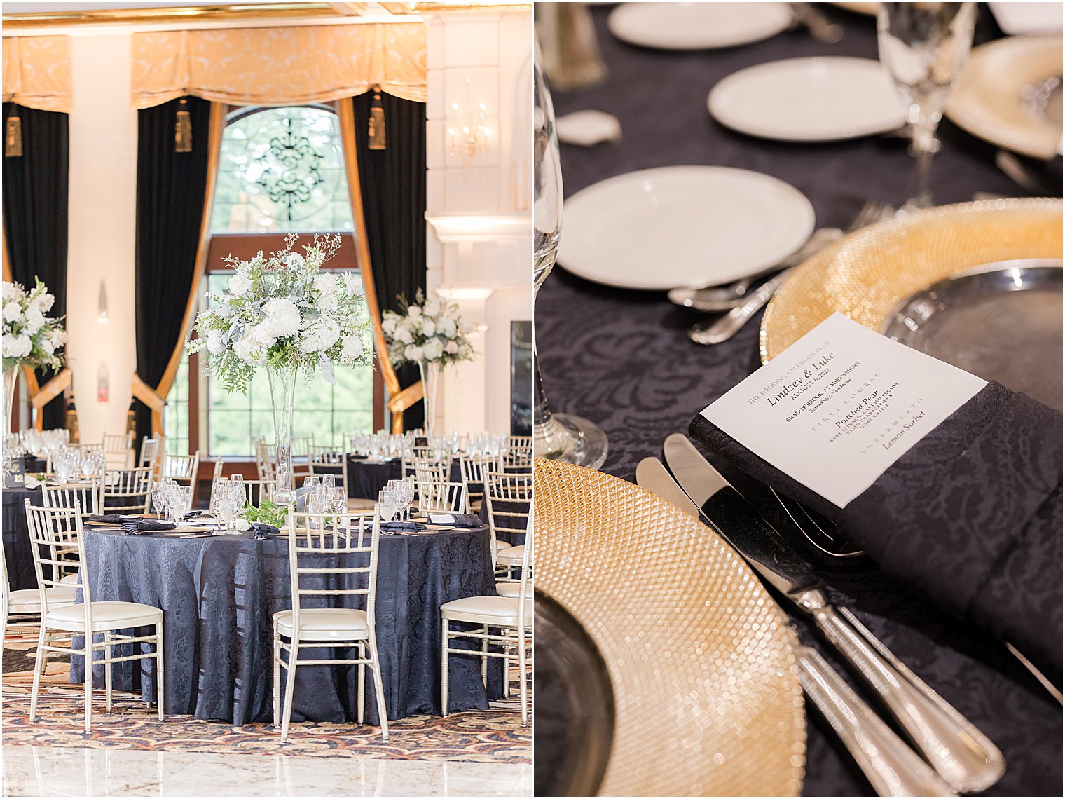 black and gold place settings for Shadowbrook NJ wedding reception