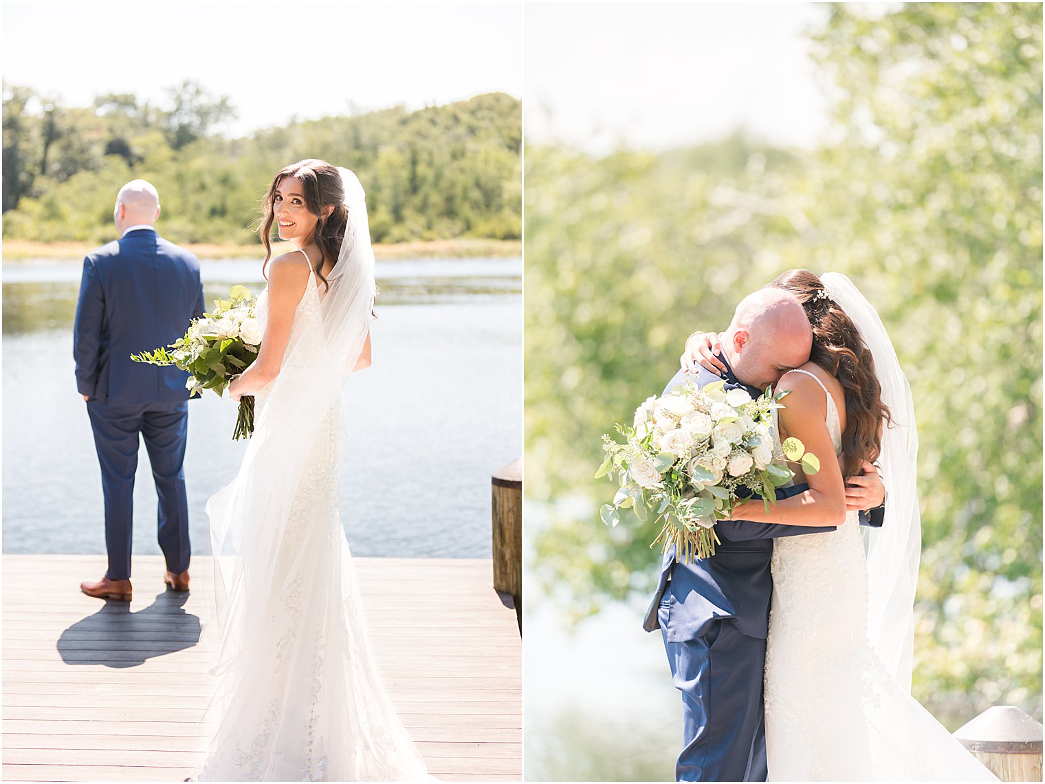 bride and groom hug during first look at dock at The Mill Lakeside Manor