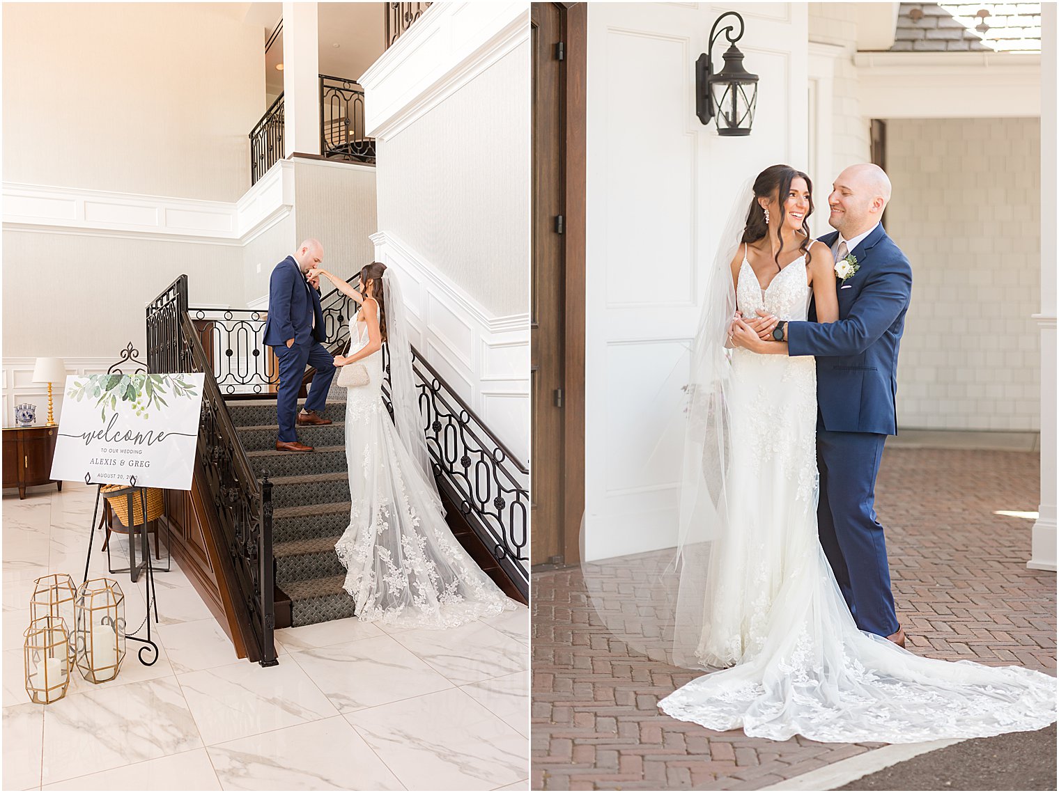 groom leads bride on staircase at The Mill Lakeside Manor