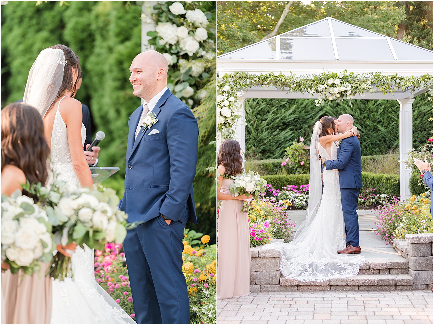 bride and groom kiss during garden ceremony in New Jersey 