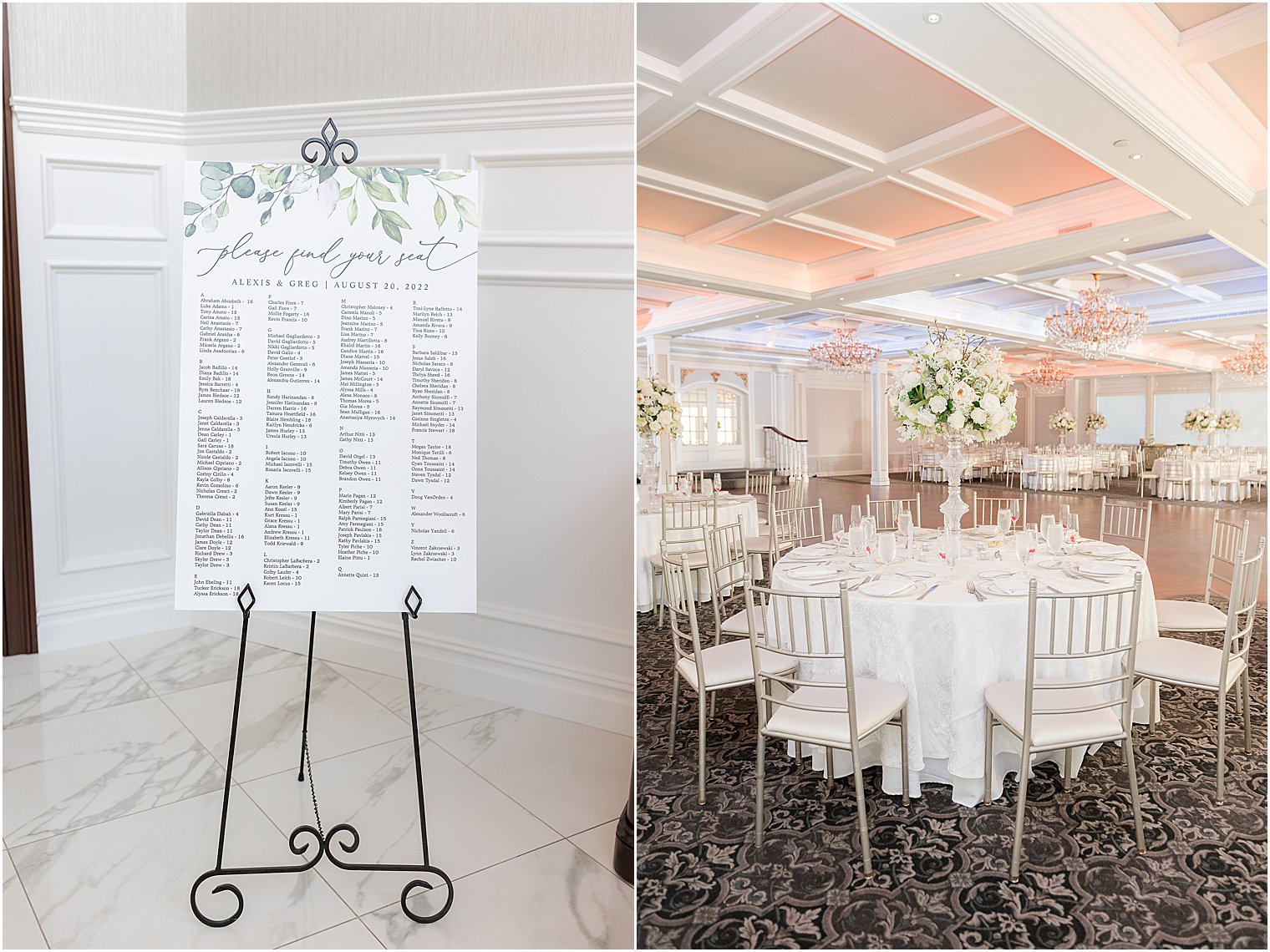 elegant wedding reception details at The Mill Lakeside Manor
