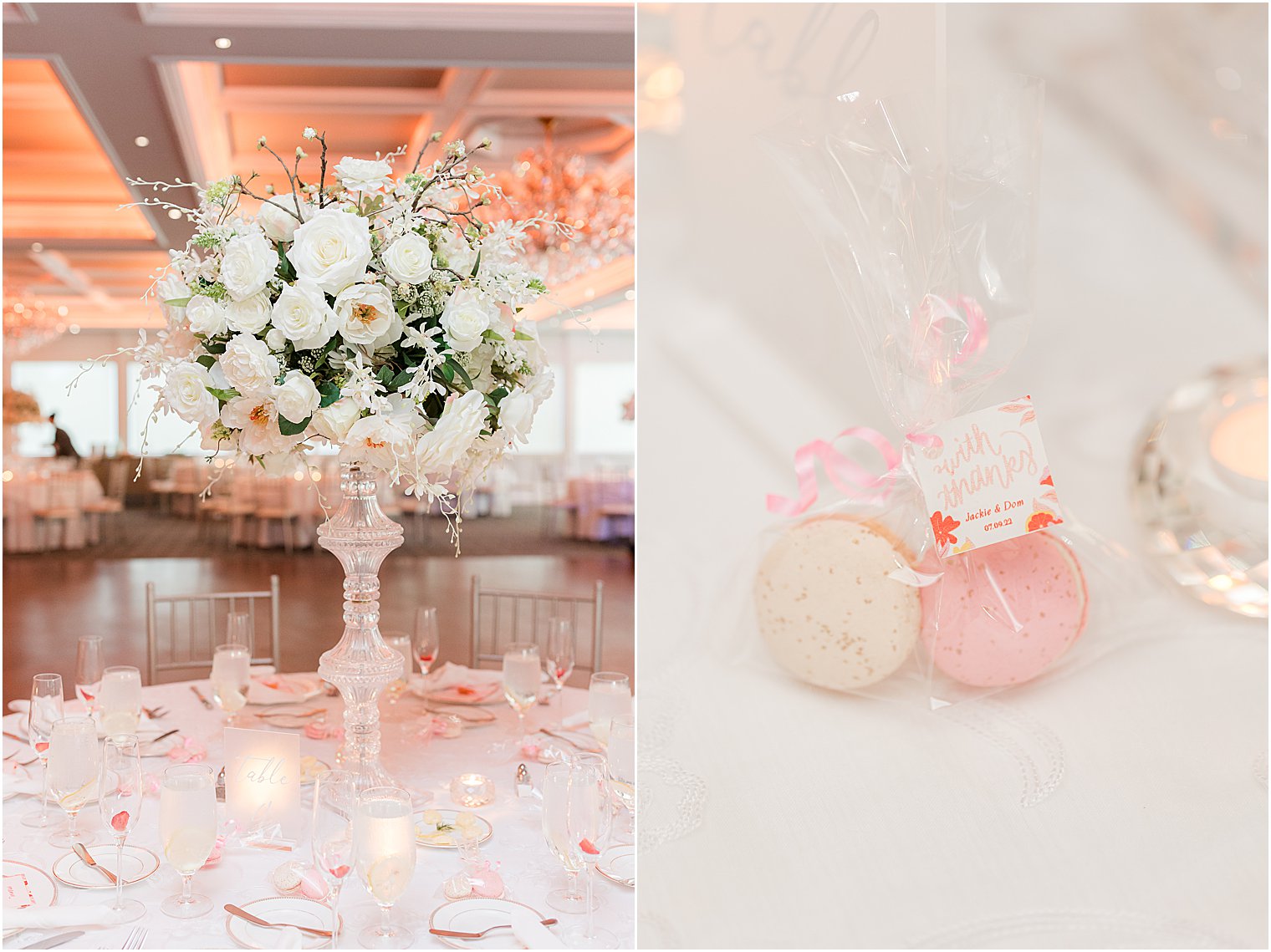 tall floral centerpieces and pink and white cookies for Mill Lakeside Manor wedding reception