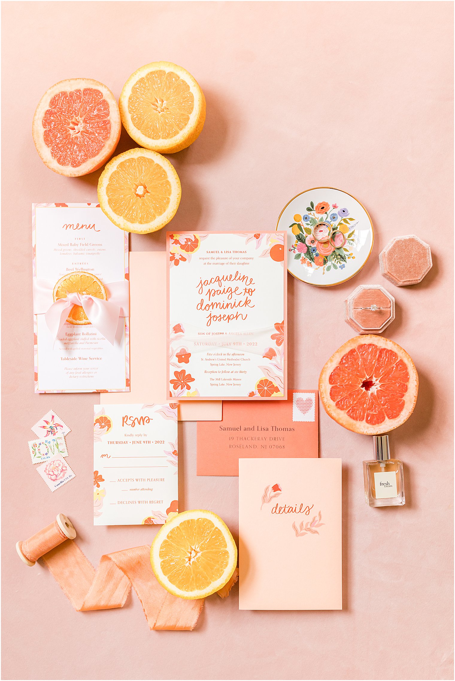 citrus inspired wedding invitation for The Mill Lakeside Manor wedding
