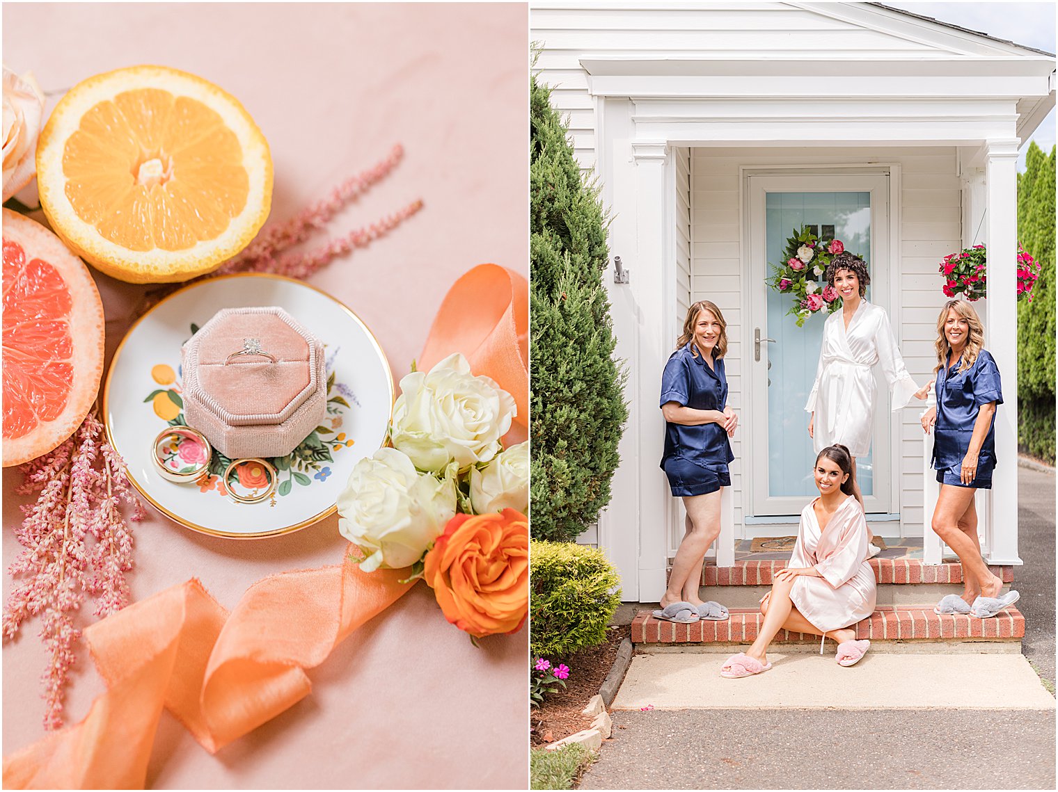 bride and bridesmaids pose on steps at New Jersey home