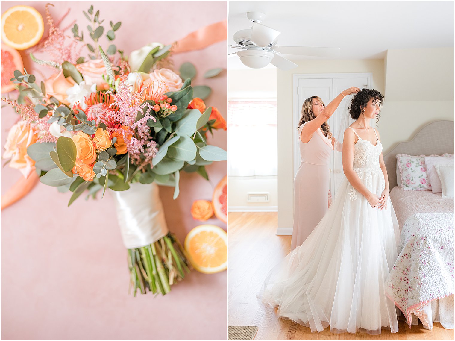 bridesmaid helps bride with veil on wedding morning