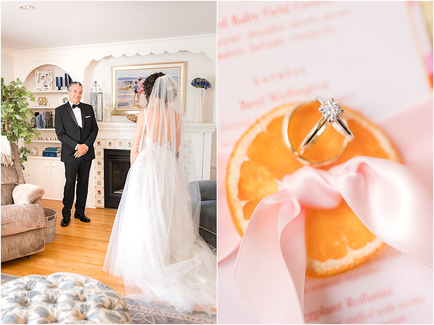 bride and father have first look at home