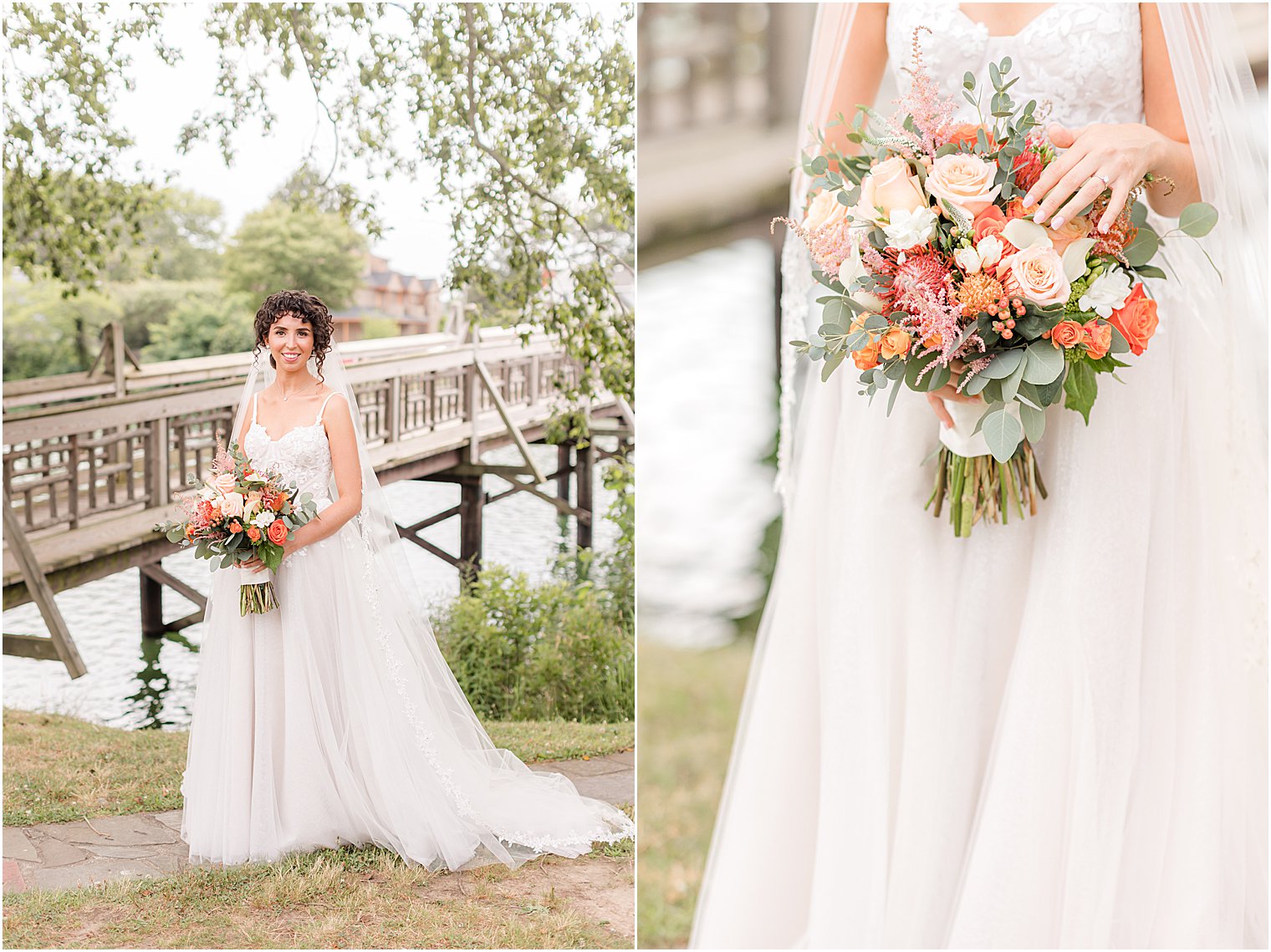 bride stands in Spring Lake Park with bouquet of bright flowers