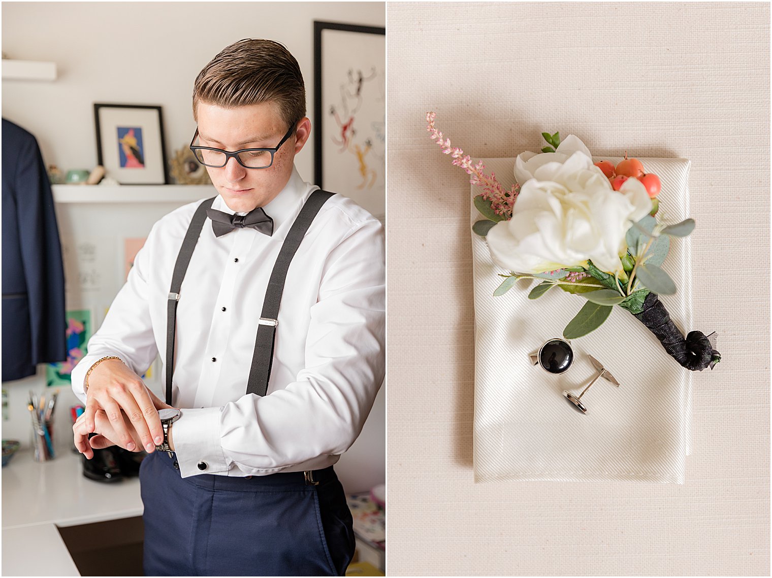 groom adjusts cufflinks before NJ wedding day