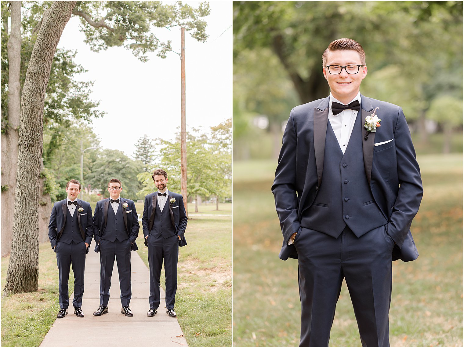 groom and groomsmen stand together in Spring Lake Park