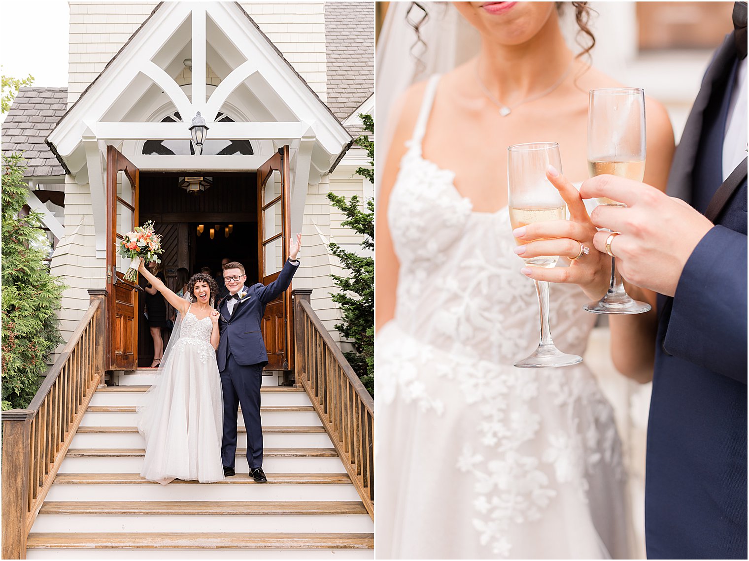  newlyweds cheer on steps of church and toast signature drinks