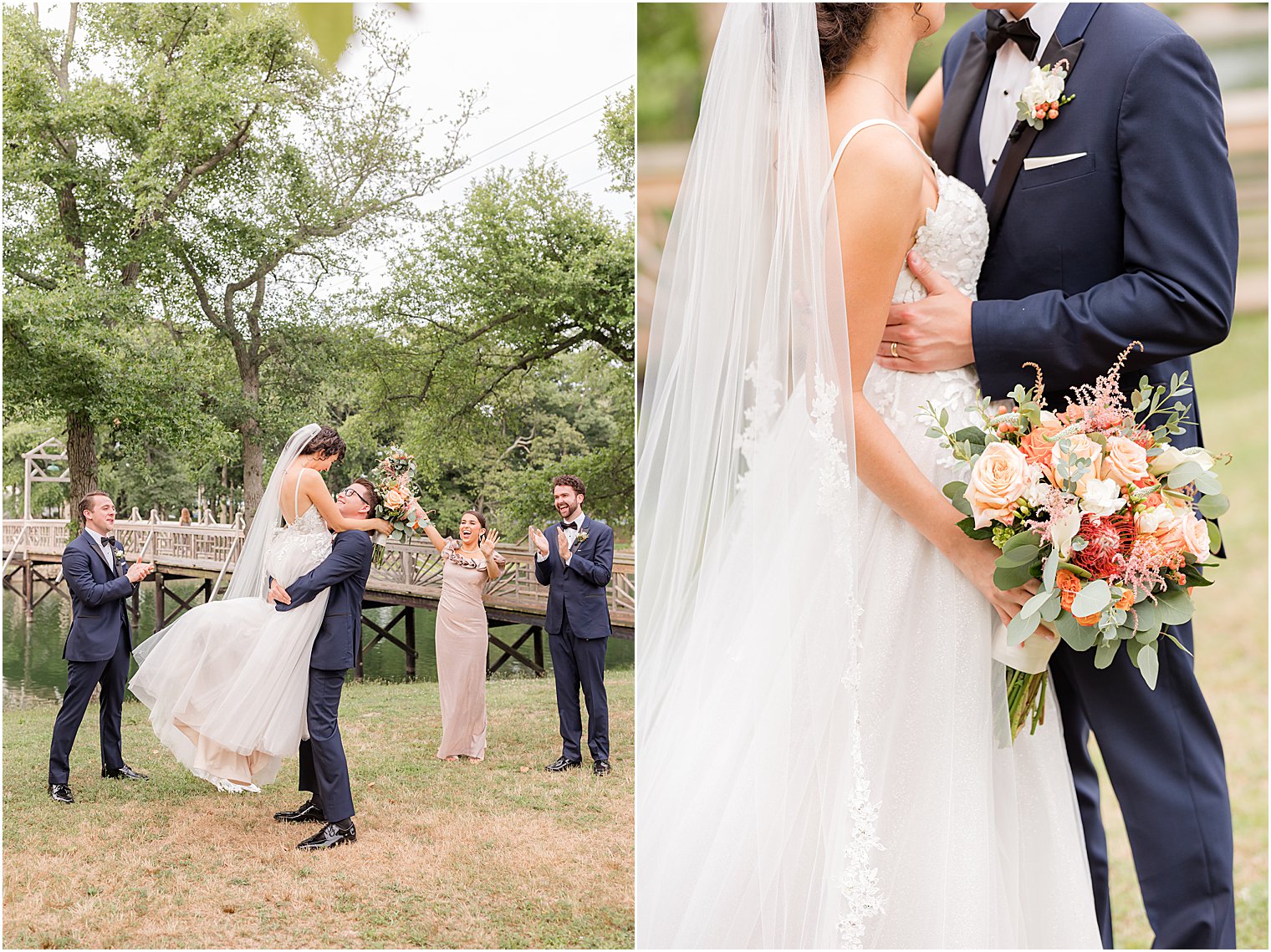 groom lifts bride up during portraits by bridge in Spring Lake Park