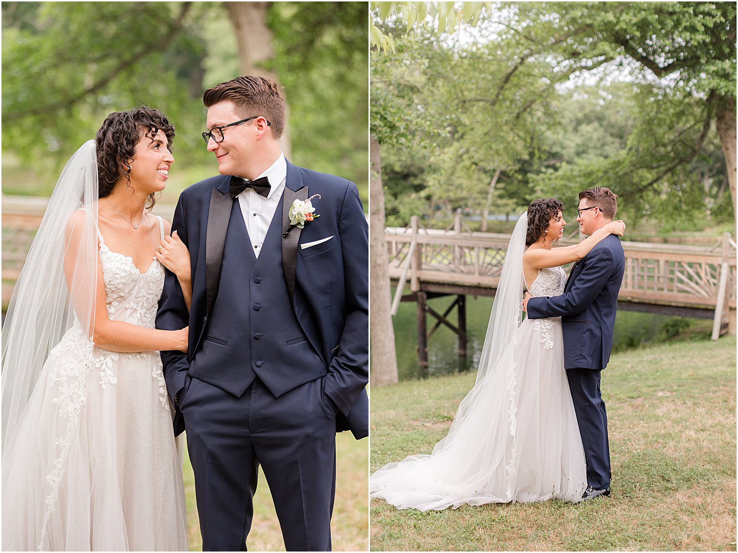 bride holds onto groom's arm during portraits at Spring Lake Park