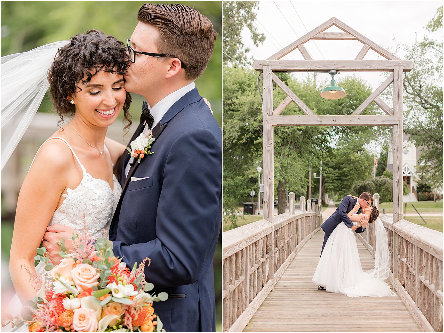 groom kisses bride's forehead during NJ wedding portraits 