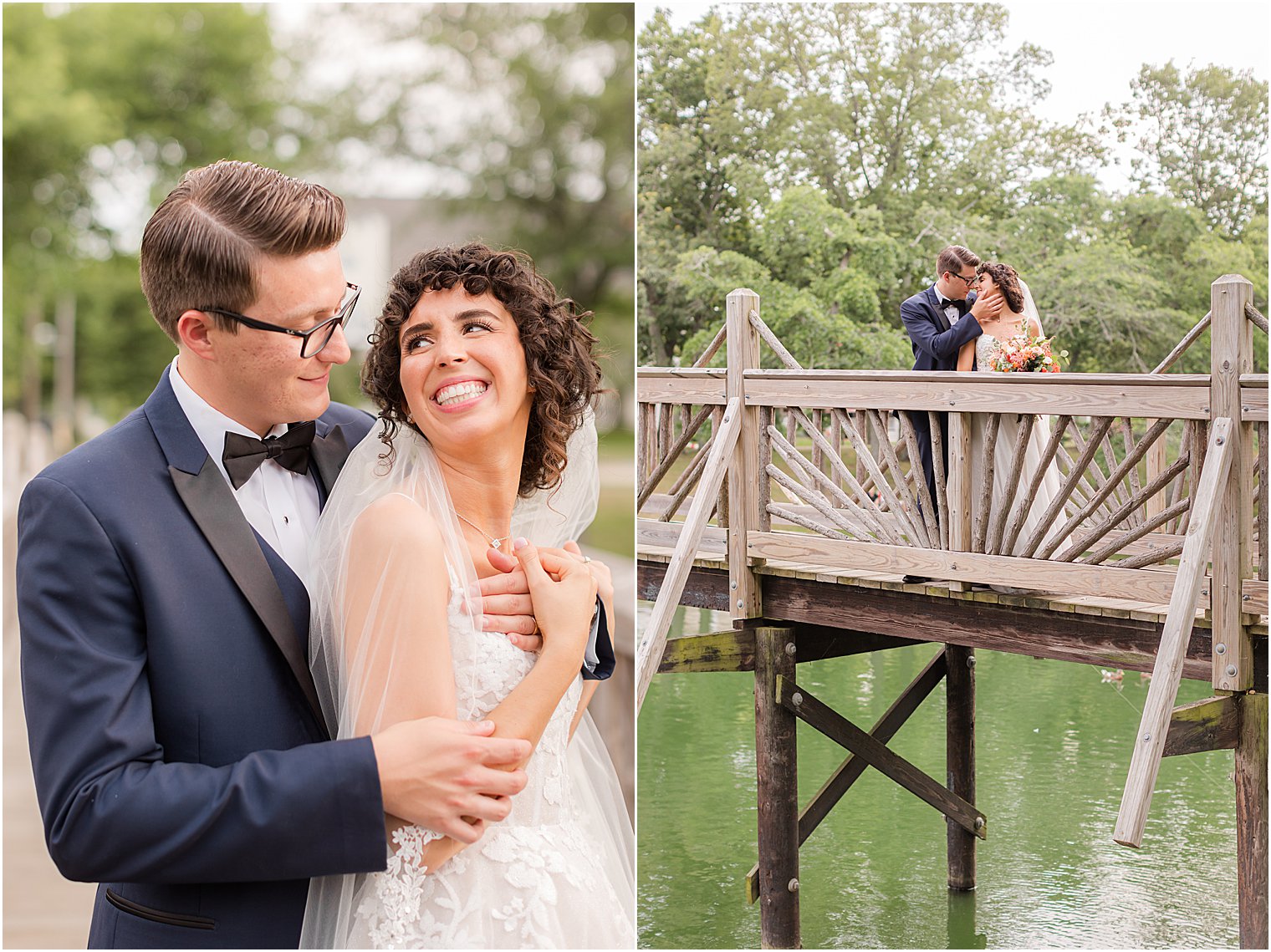 bride smiles up at groom during portraits on wooden bridge at Spring Lake Park