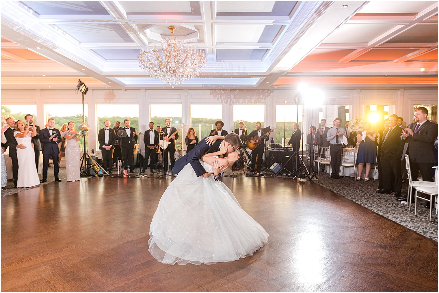 groom dips bride during Spring Lake NJ wedding reception