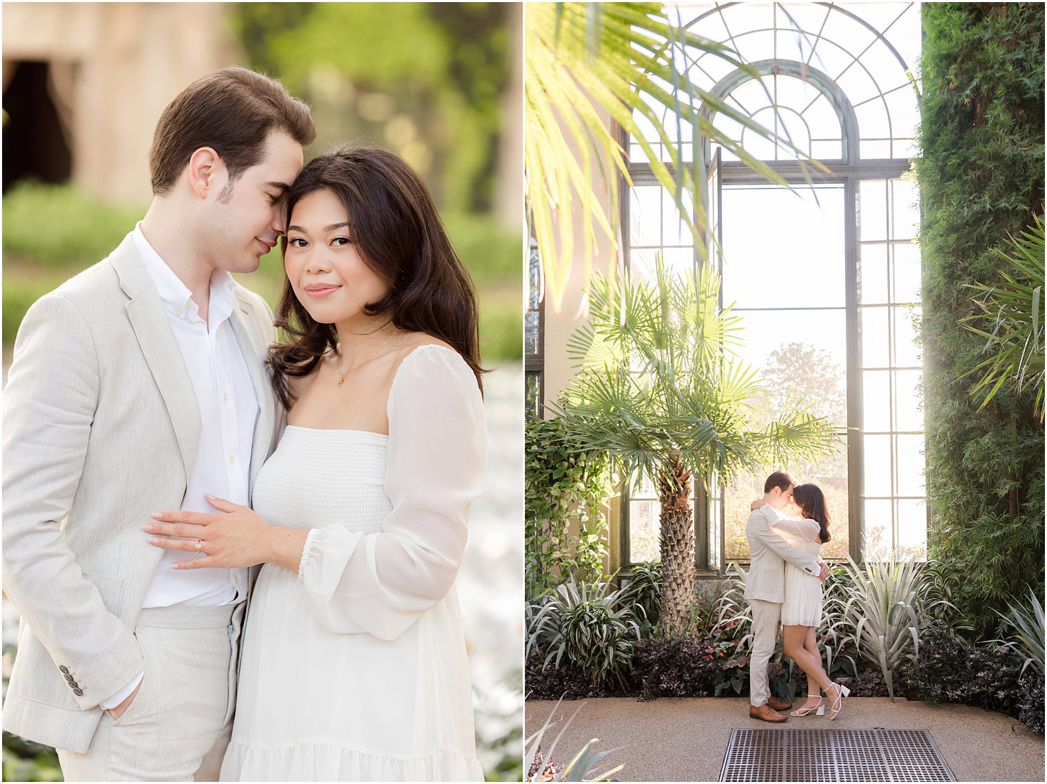 couple hugs by window in Longwood Gardens