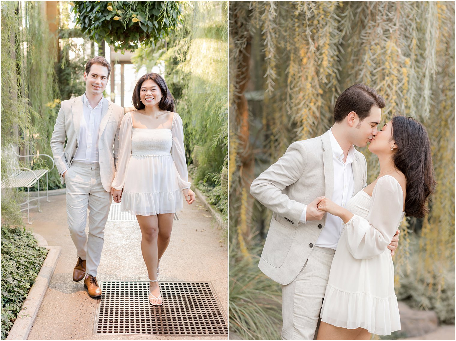 bride and groom walk together during engagement portraits in Longwood Gardens