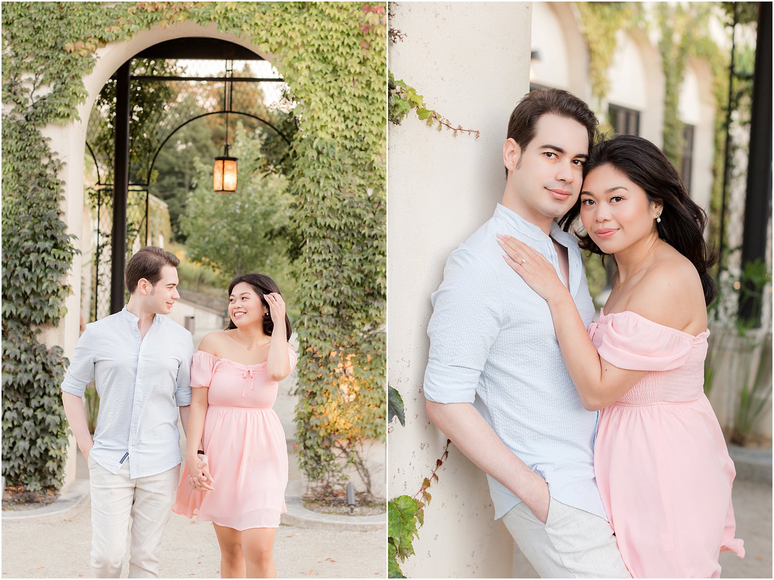 couple leans against wall at Longwood Gardens