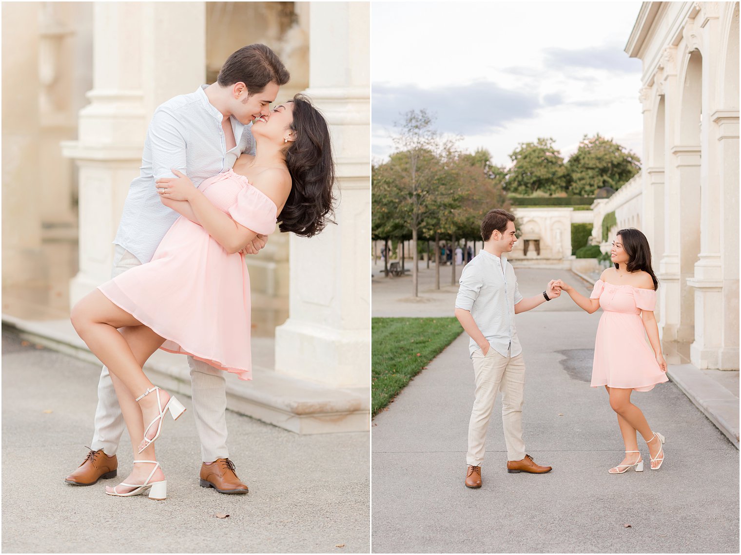 man dips fiancee during Longwood Gardens proposal portraits 