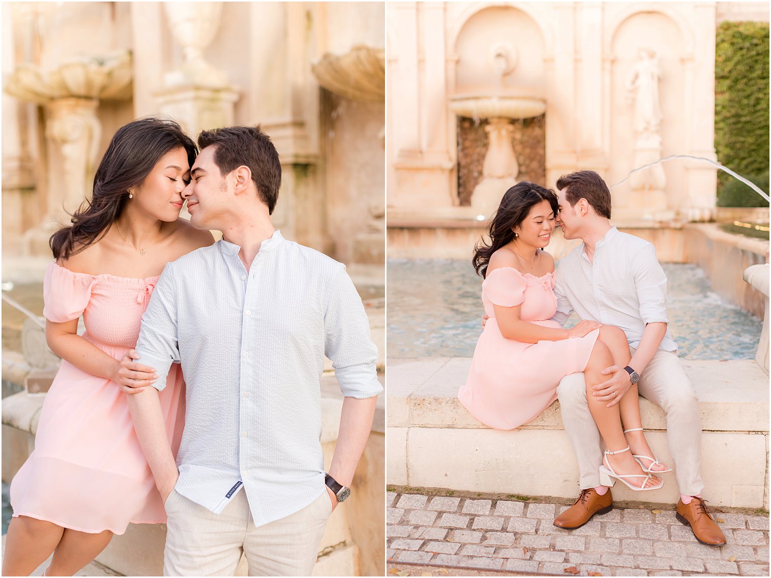 couple sits together along fountain at Longwood Gardens