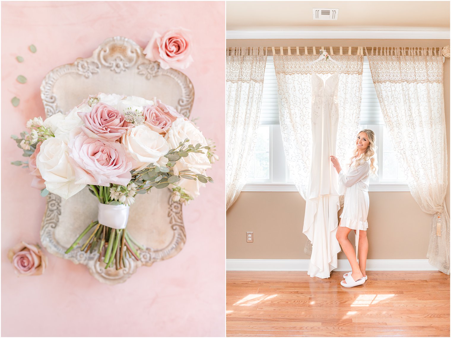 bride looks at wedding dress hanging in window