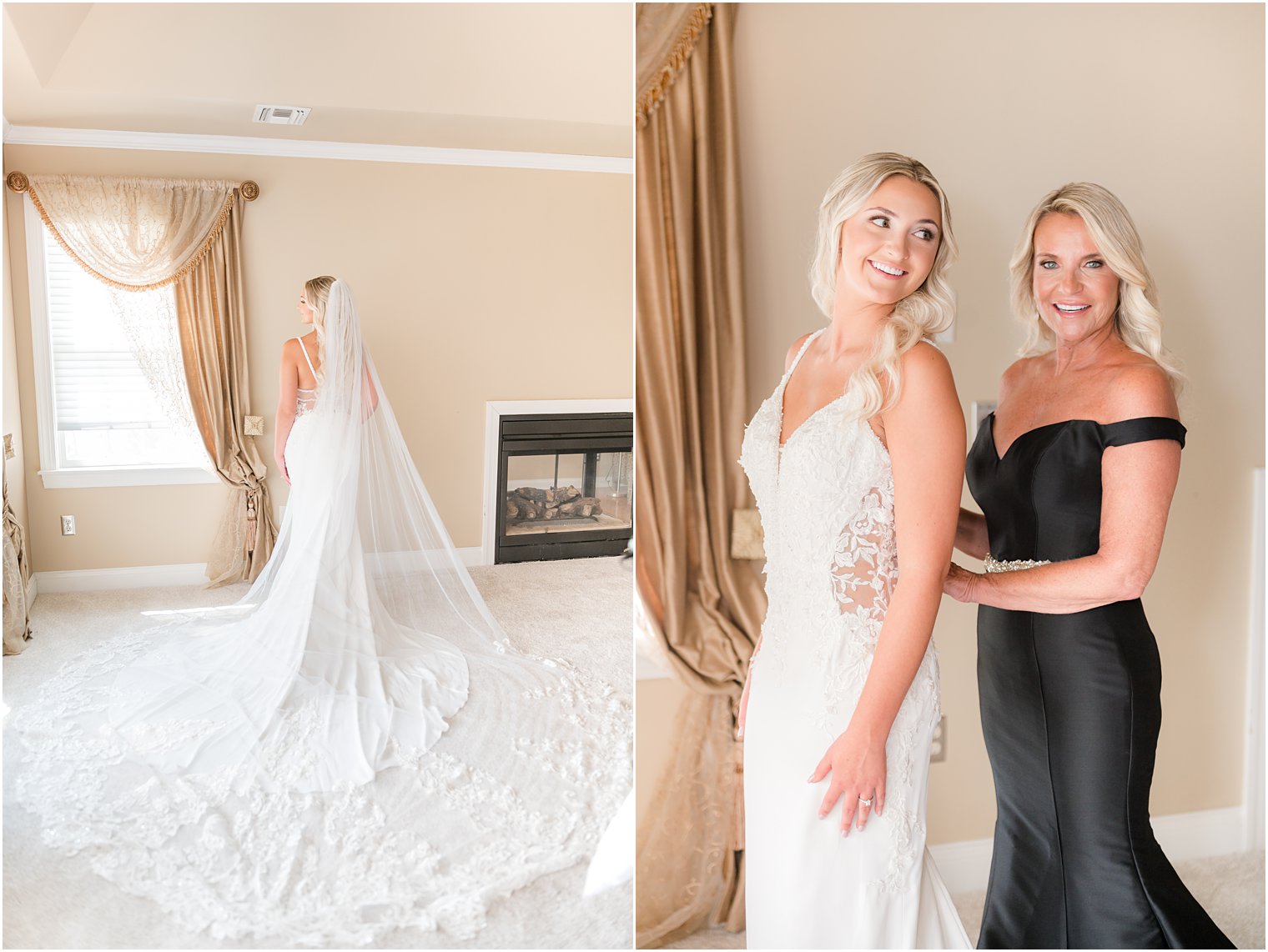 mother helps bride into wedding dress for English Manor wedding