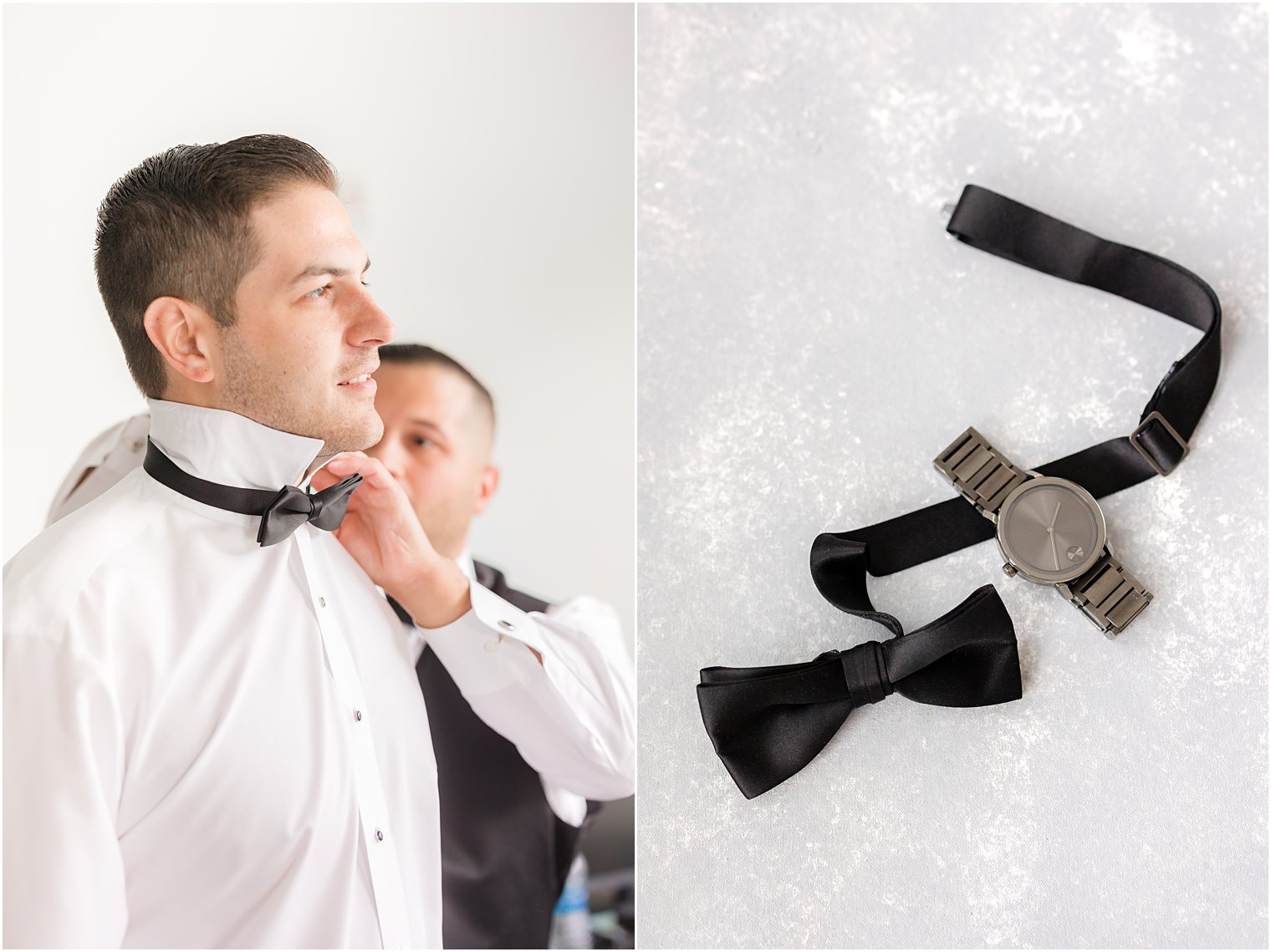 groomsman adjusts tie for groom