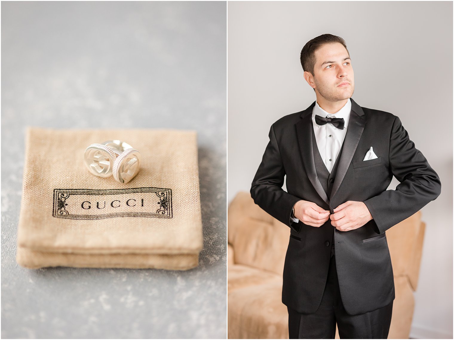 groom adjusts buttons on jacket before English Manor wedding