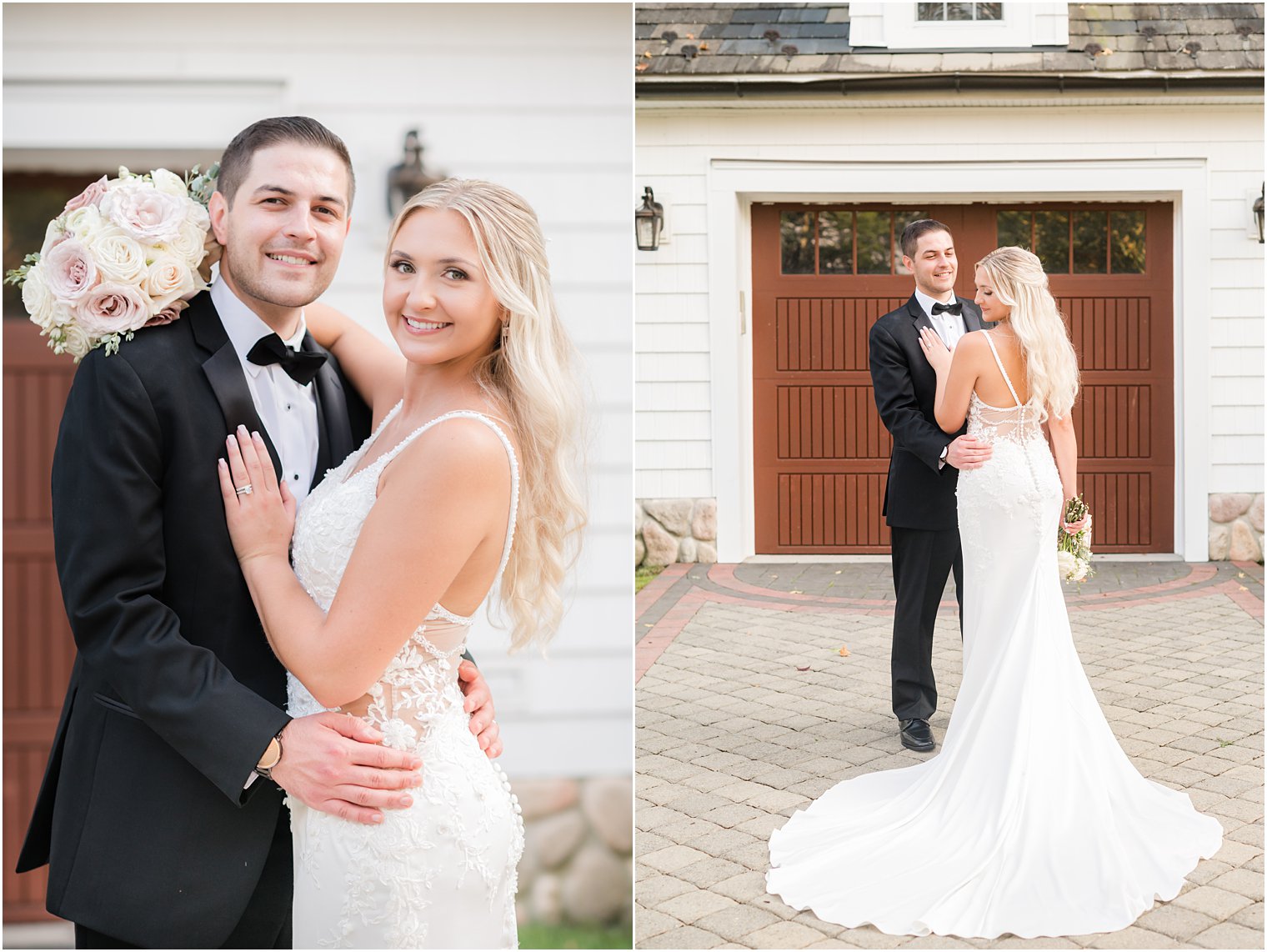 groom hugs bride to him outside doors at The English Manor