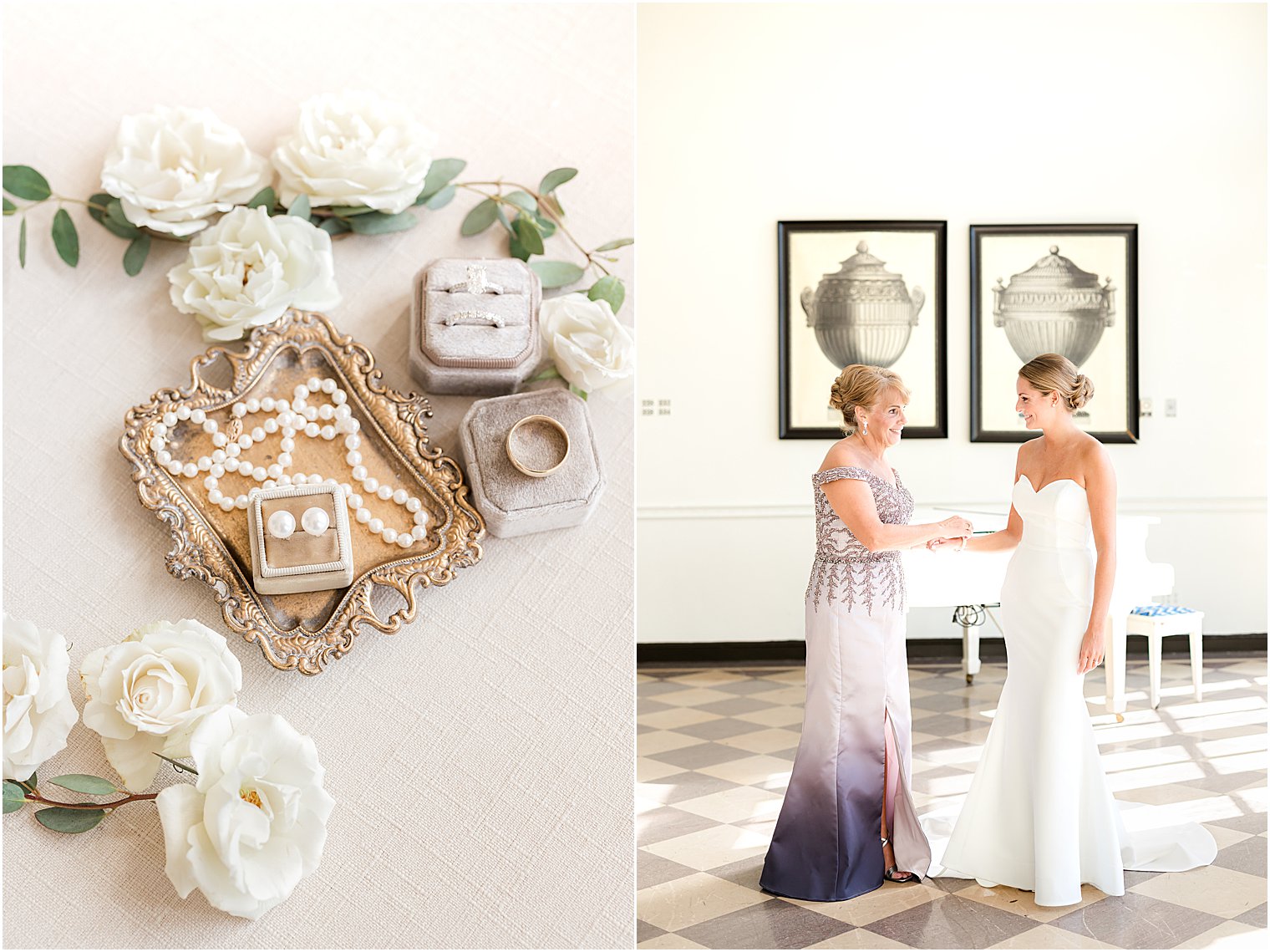 bride prepares for wedding day with mom in lobby of the Berkeley Oceanfront Hotel