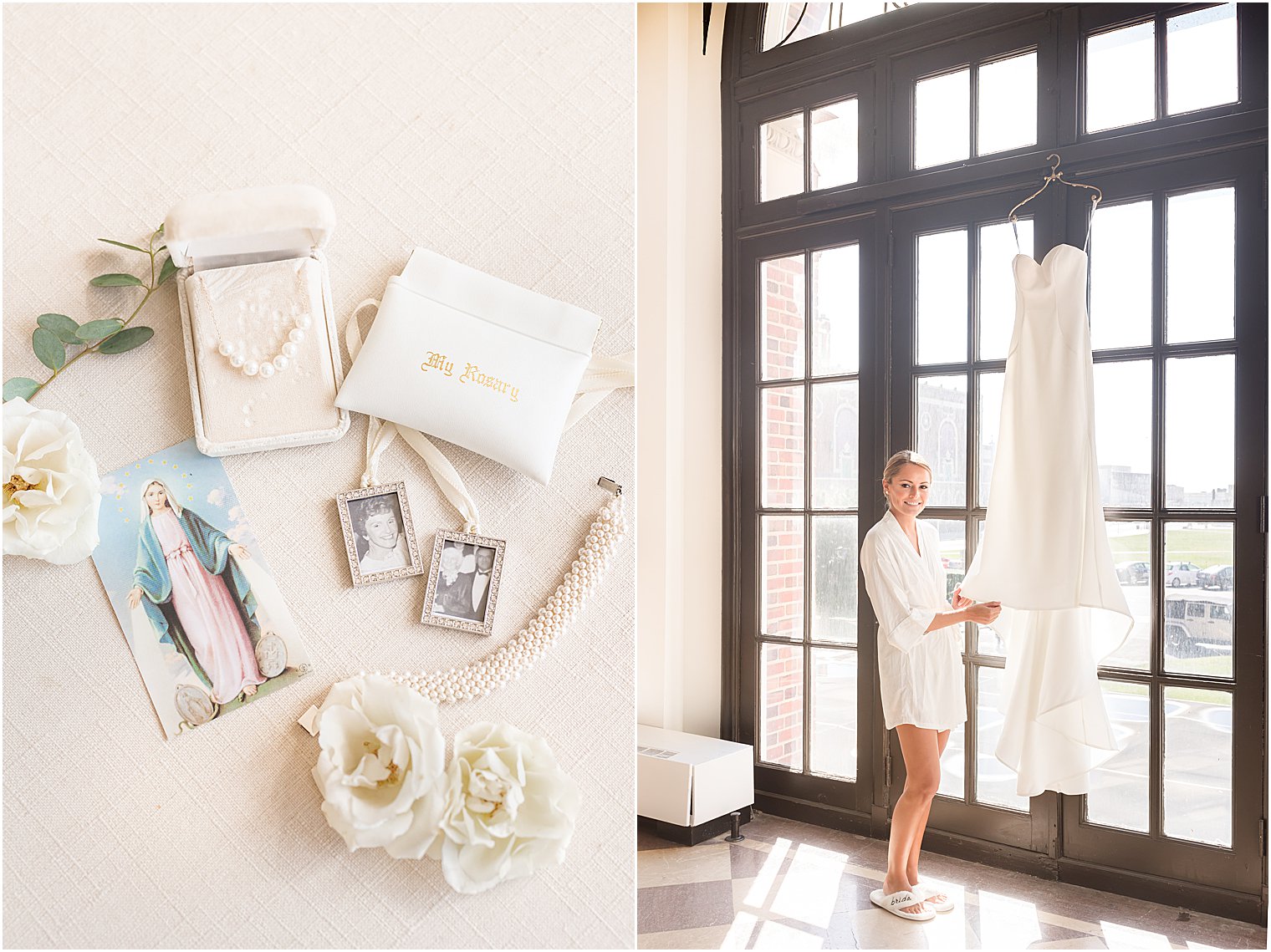 bride looks up at wedding gown hanging on window at the Berkeley Oceanfront Hotel