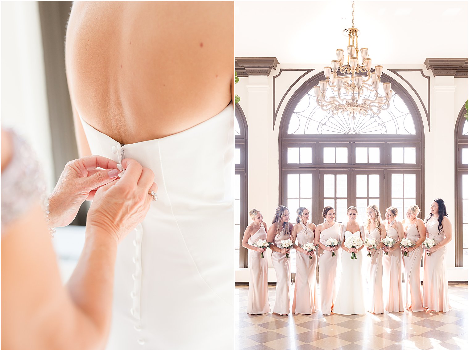 bride gets into wedding dress and poses with bridesmaids in pink gowns inside the Berkeley Oceanfront Hotel