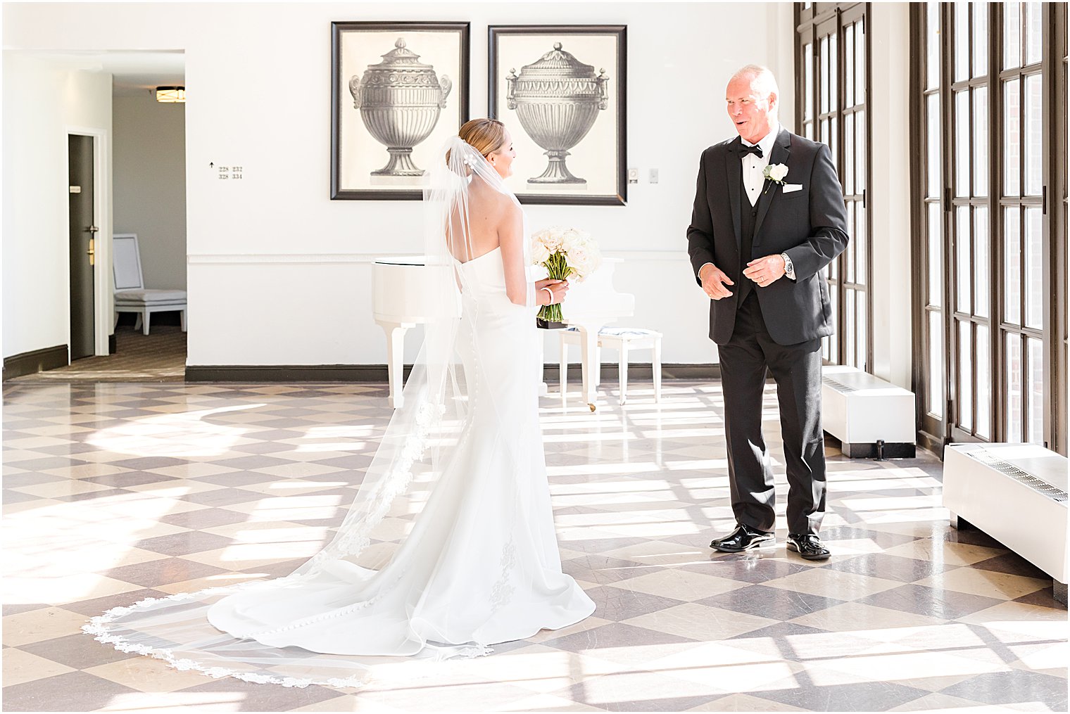 bride approaches dad for first look before NJ wedding