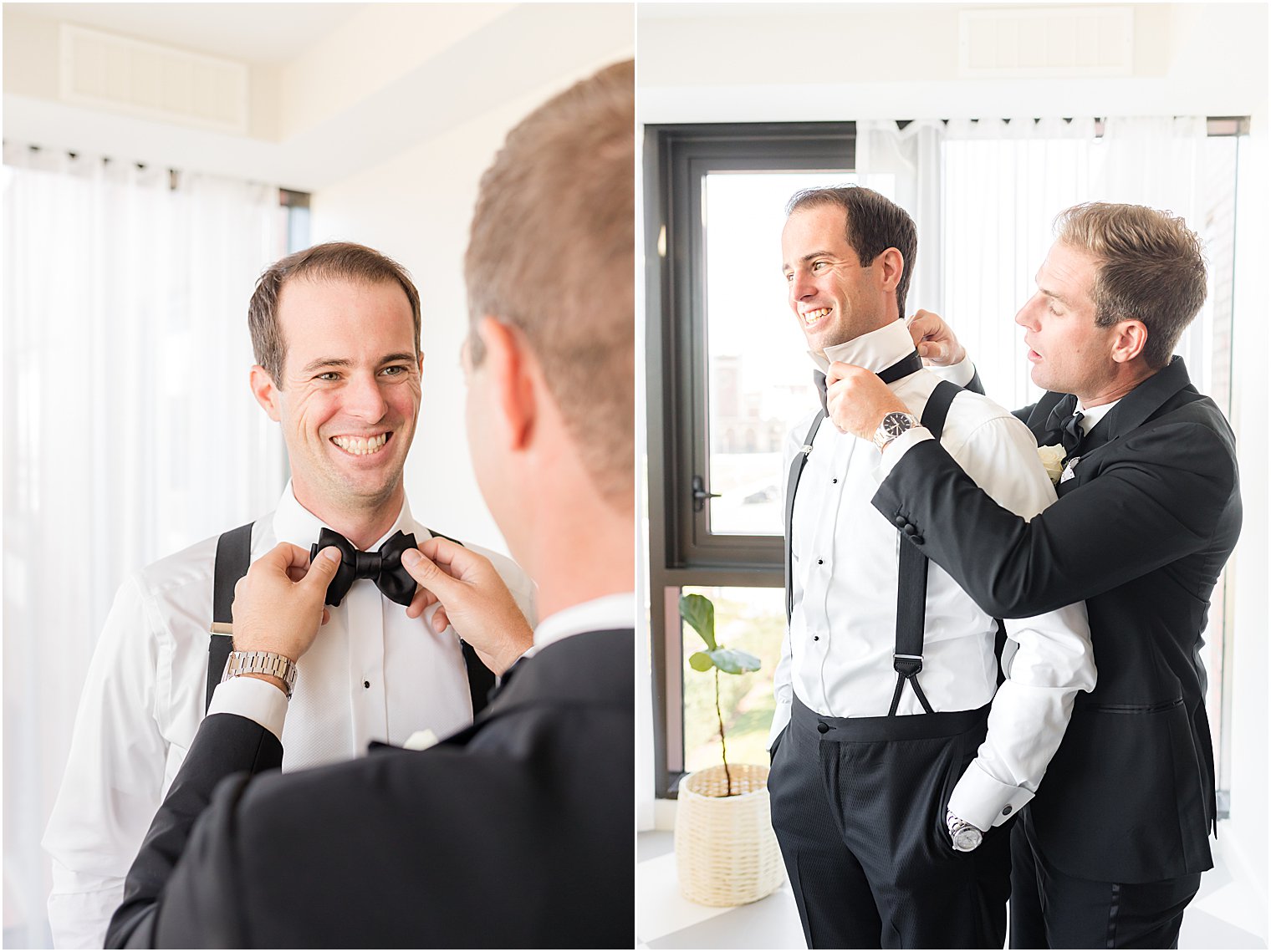 groomsman adjusts tie for groom before NJ wedding