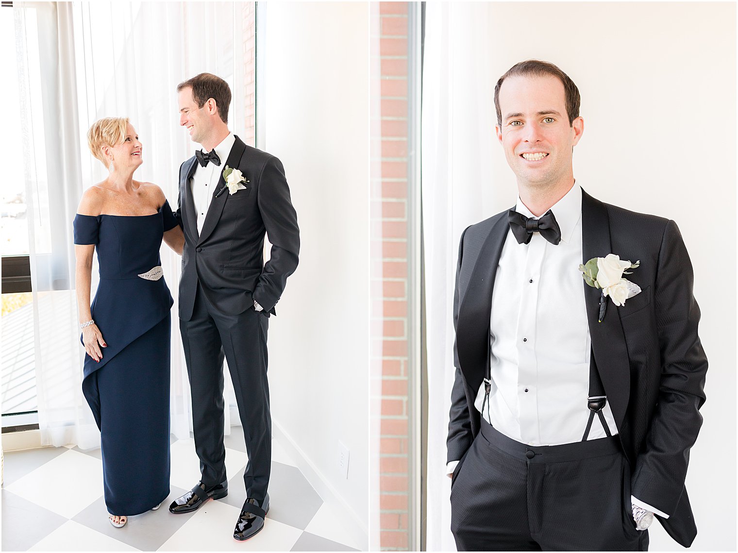 groom poses in black tux with mom