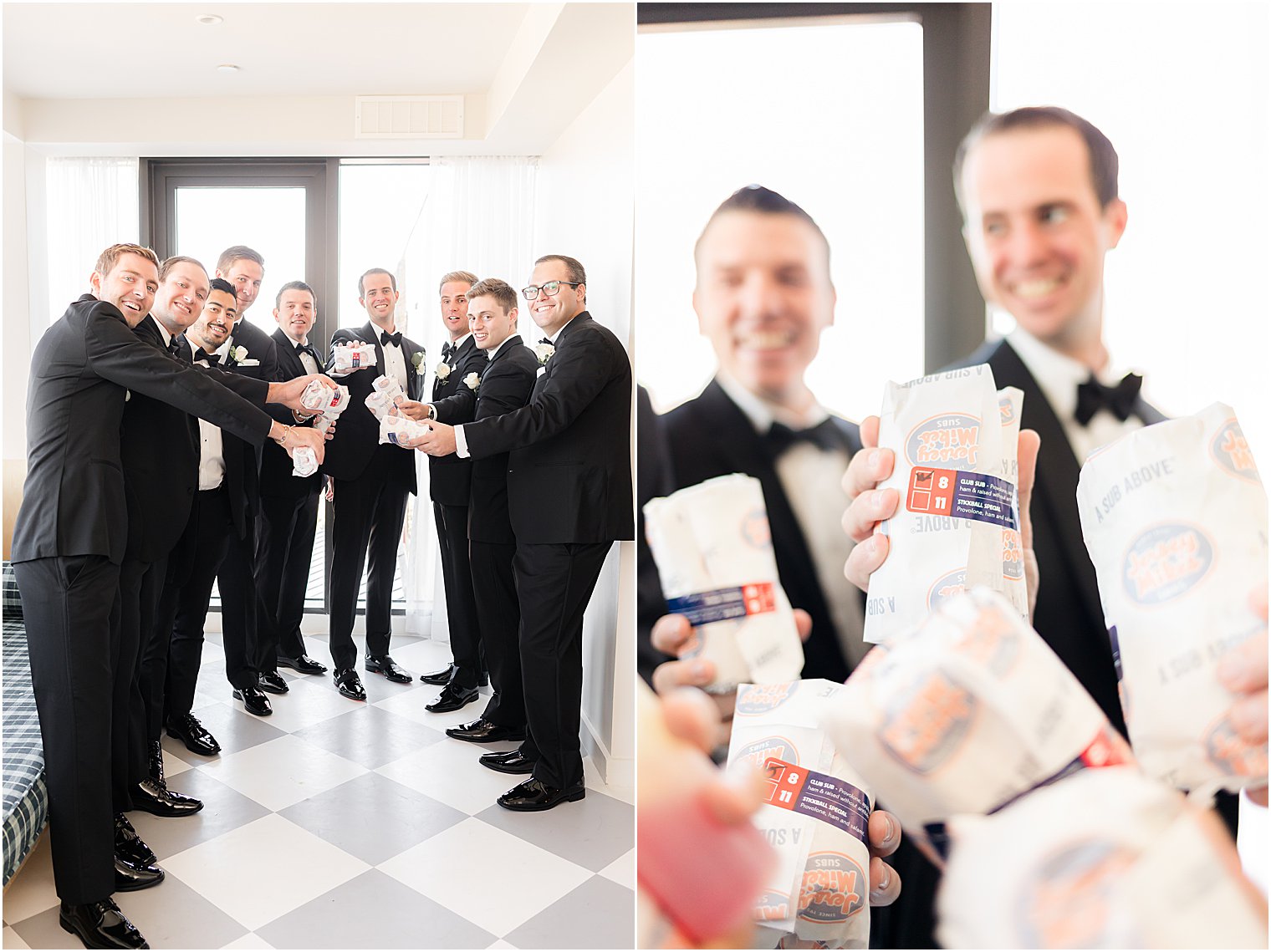 groom and groomsmen toast Jersey Mike's sandwiches before the Berkeley Oceanfront Hotel wedding day