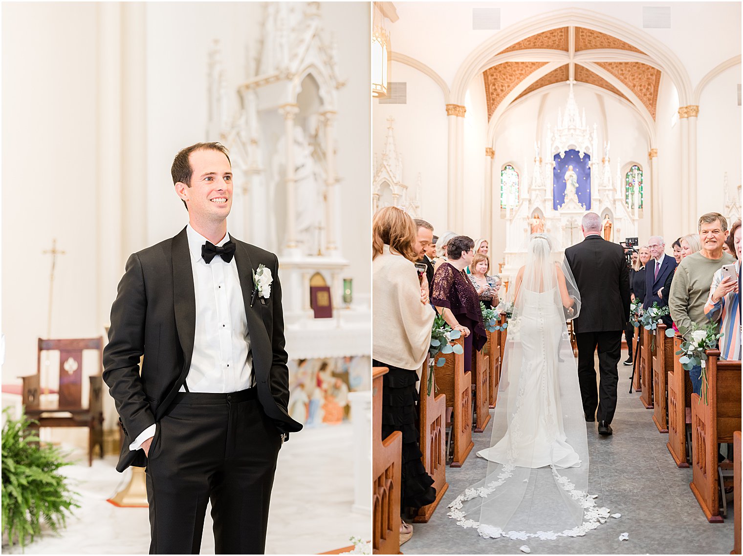 groom watches bride enter traditional church wedding at St. Mary's Catholic Church