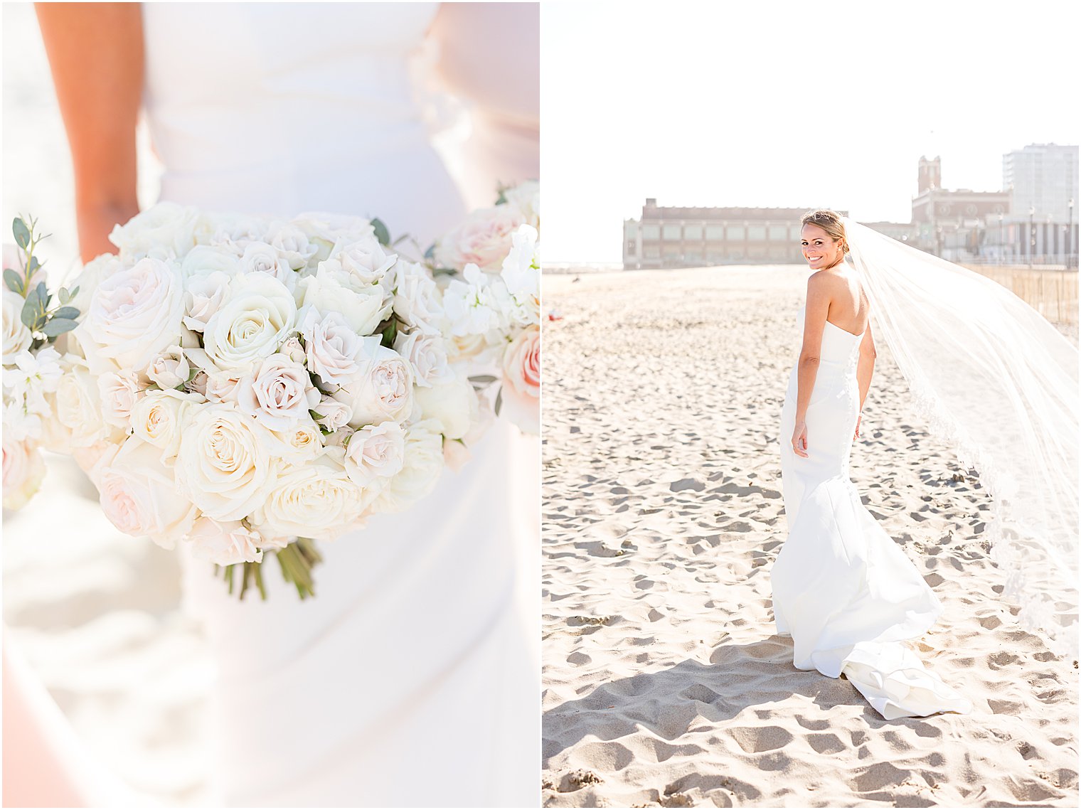 bride stands on beach with ivory bouquet in strapless gown