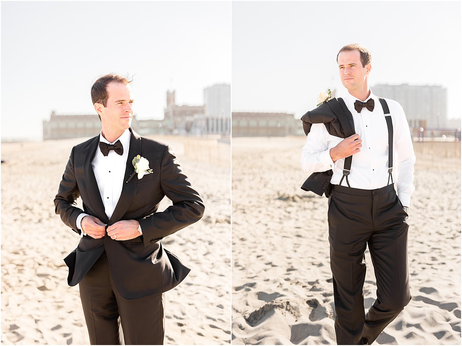 groom buttons and takes off jacket on beach at Asbury Park