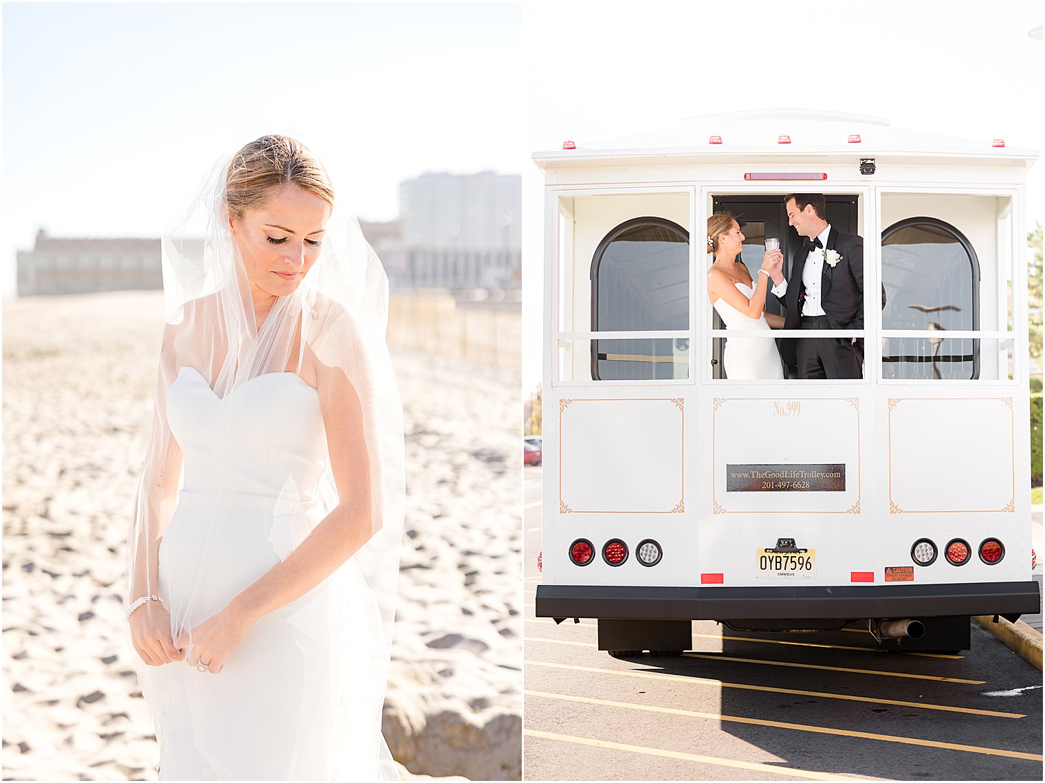 bride looks over shoulder standing on beach at Asbury Park