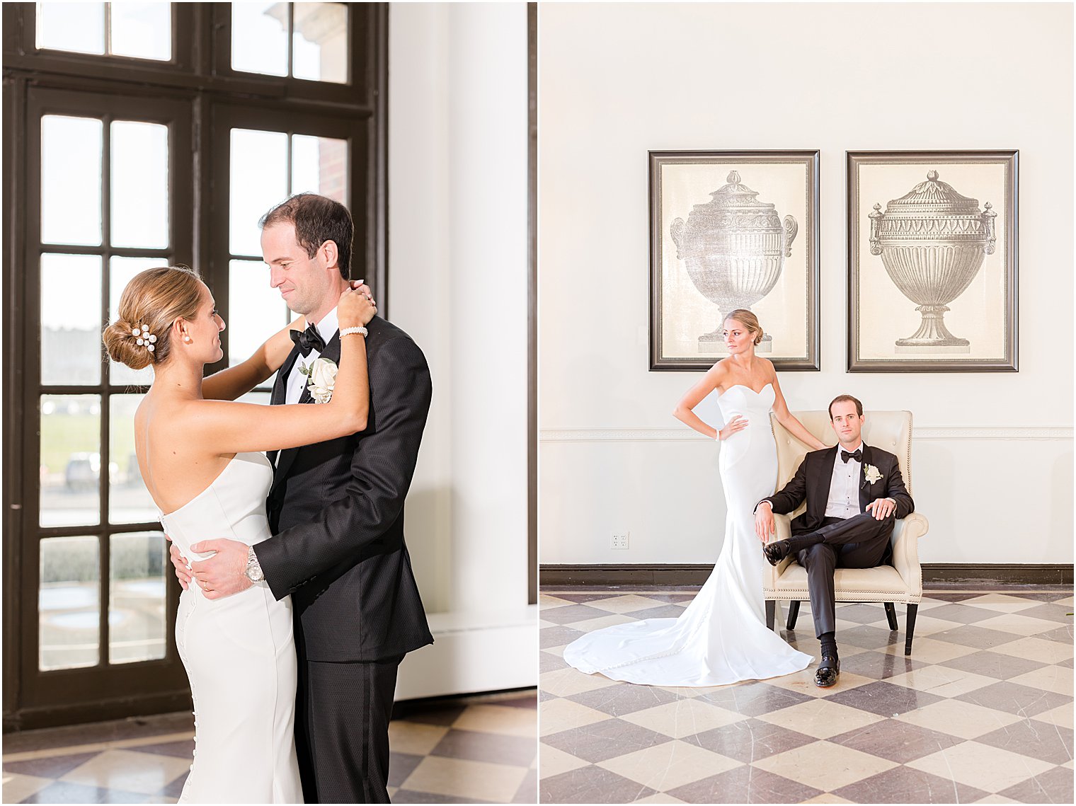 newlyweds stand together by paintings in lobby of the Berkeley Oceanfront Hotel