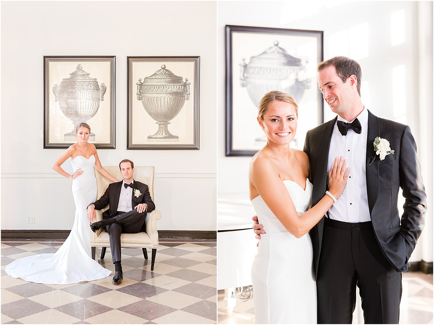 bride stands next to groom in lobby of the Berkeley Oceanfront Hotel