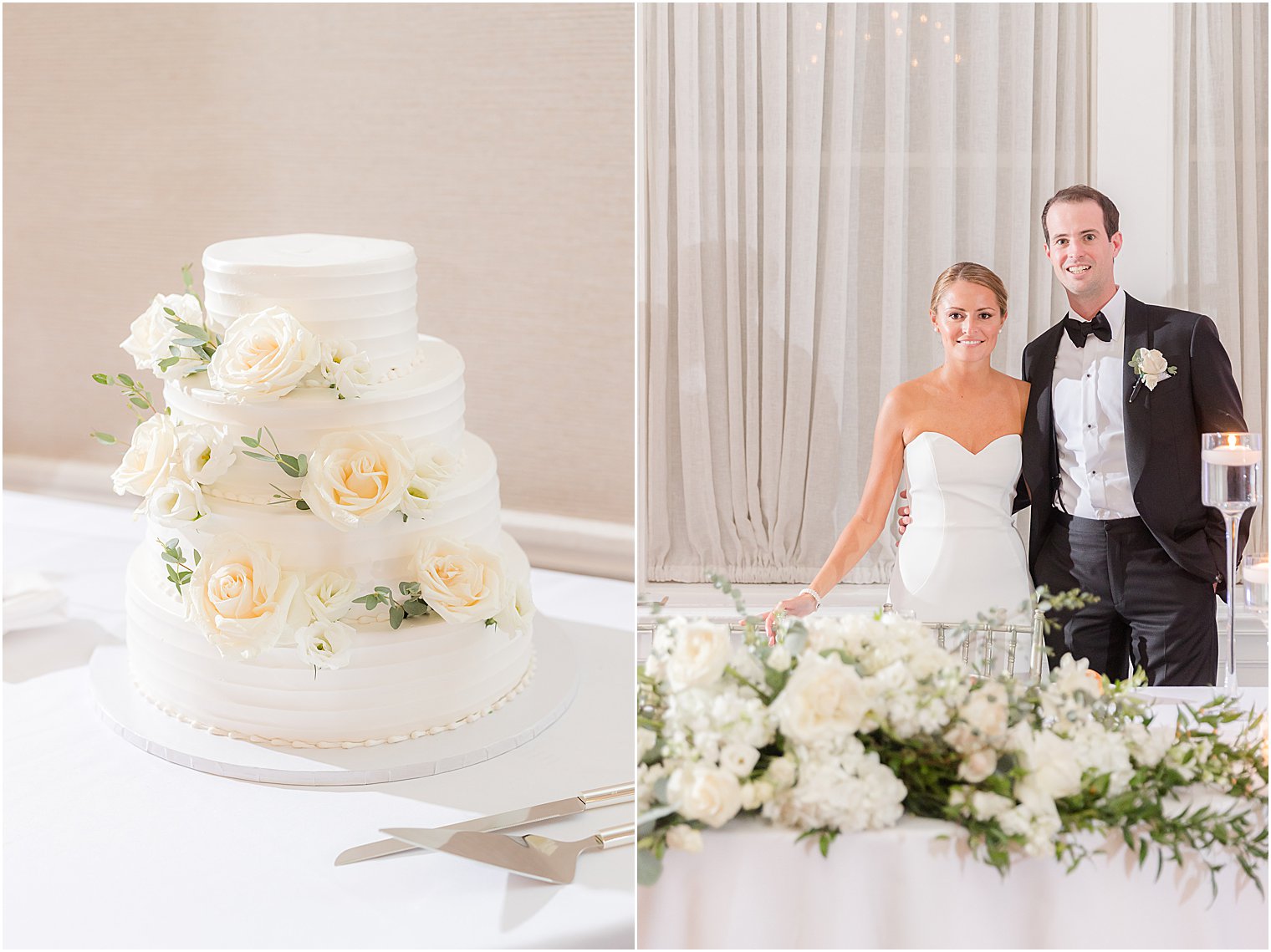 bride and groom stand by sweetheart table with ivory roses