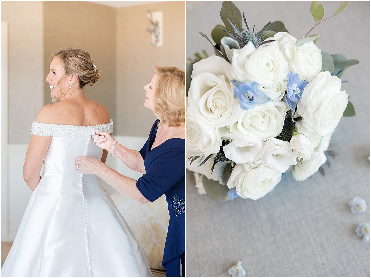 mom helps bride into off-the-shoulder classic wedding gown