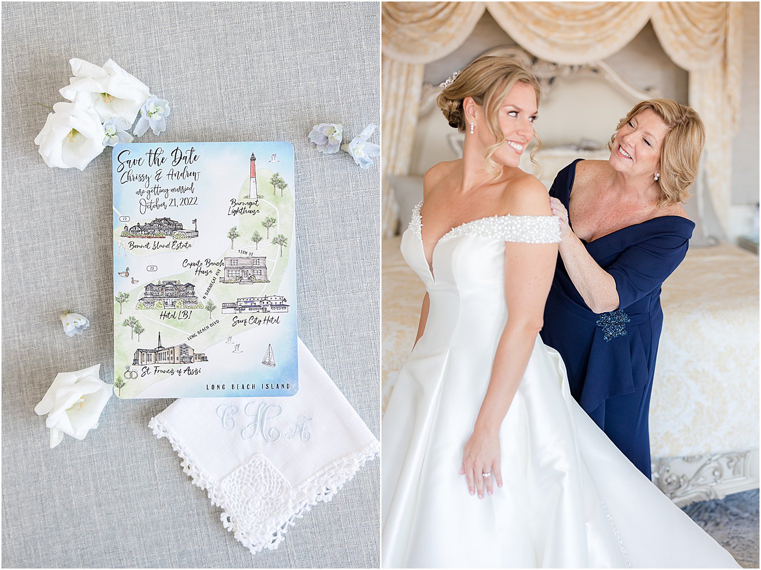 custom watercolor map of Long Beach Island and bride getting into wedding dress