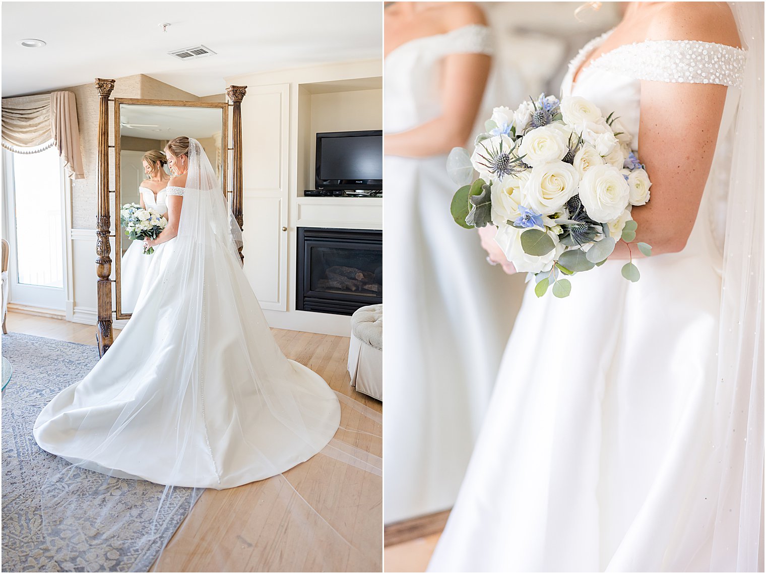 bride stands in front of gold edged mirror in bridal suite with bouquet 