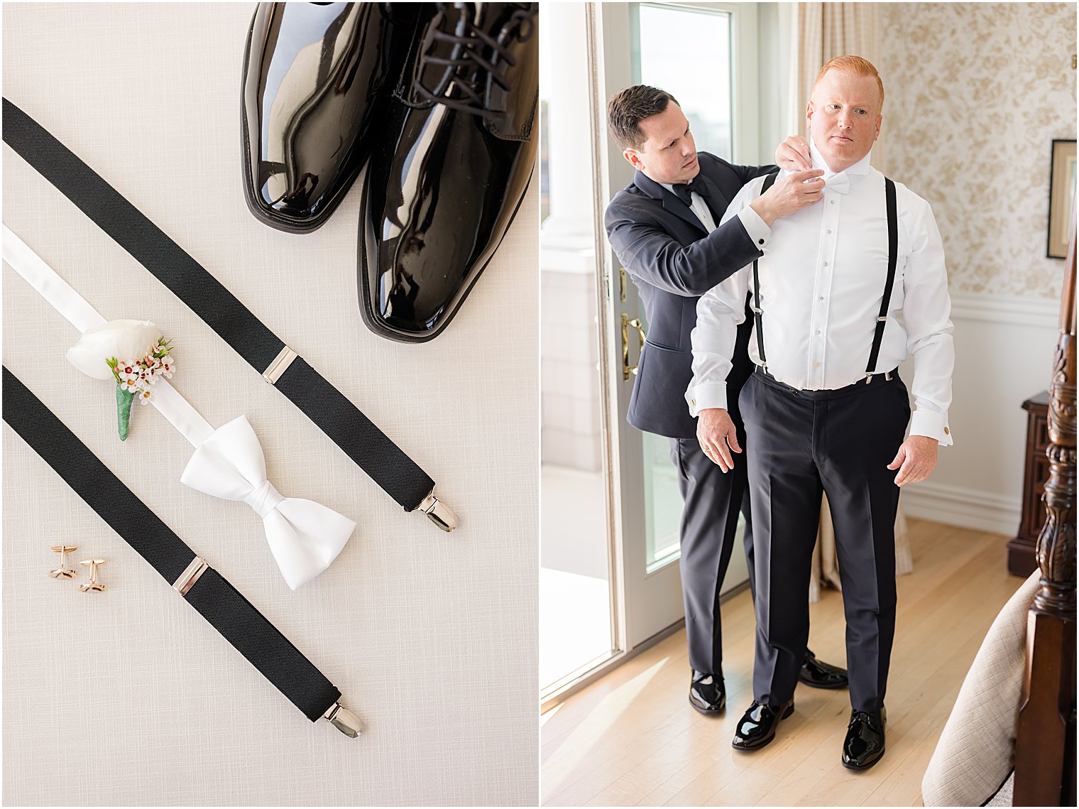 groomsman helps groom with bowtie for tux